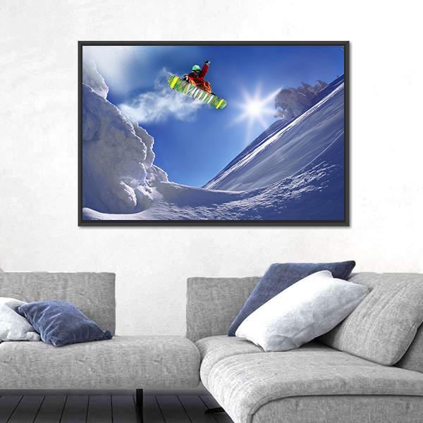 Snowboarder Jumping Against Blue Sky Canvas Wall Art-5 Horizontal-Gallery Wrap-22" x 12"-Tiaracle