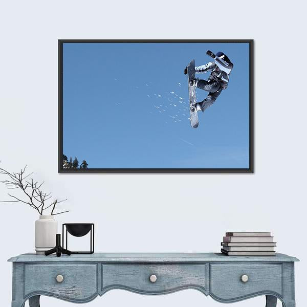 Snowboarder Jumping High At Lake Tahoe Resort Canvas Wall Art-1 Piece-Floating Frame-24" x 16"-Tiaracle
