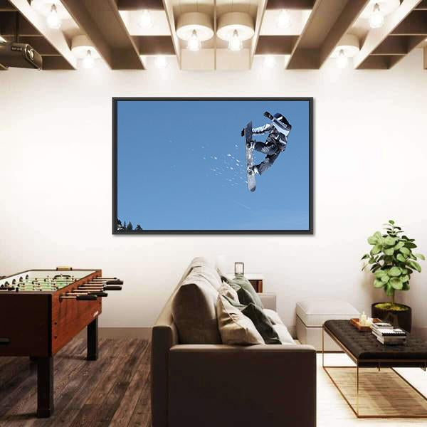 Snowboarder Jumping High At Lake Tahoe Resort Canvas Wall Art-3 Horizontal-Gallery Wrap-25" x 16"-Tiaracle