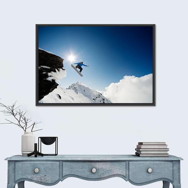 Snowboarder Jumping Through Air After Rock Drop Canvas Wall Art-1 Piece-Floating Frame-24&quot; x 16&quot;-Tiaracle