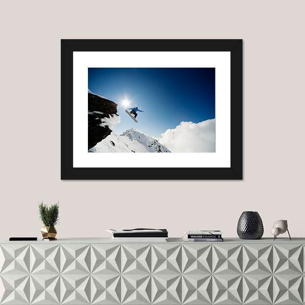 Snowboarder Jumping Through Air After Rock Drop Canvas Wall Art-1 Piece-Framed Print-20&quot; x 16&quot;-Tiaracle