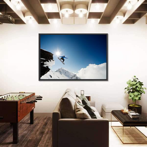 Snowboarder Jumping Through Air After Rock Drop Canvas Wall Art-5 Horizontal-Gallery Wrap-22" x 12"-Tiaracle