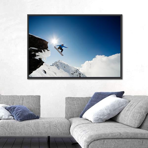 Snowboarder Jumping Through Air After Rock Drop Canvas Wall Art-5 Horizontal-Gallery Wrap-22" x 12"-Tiaracle