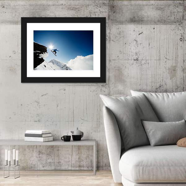 Snowboarder Jumping Through Air After Rock Drop Canvas Wall Art-5 Horizontal-Gallery Wrap-22" x 12"-Tiaracle