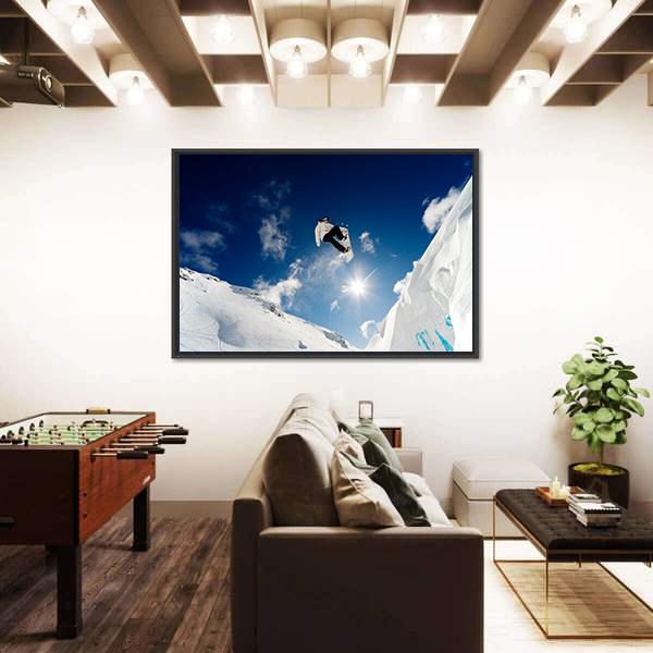 Snowboarder Jumping Through The Air With Blue Sky Canvas Wall Art-1 Piece-Floating Frame-24" x 16"-Tiaracle