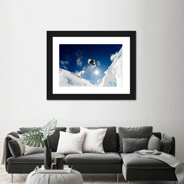 Snowboarder Jumping Through The Air With Blue Sky Canvas Wall Art-1 Piece-Framed Print-20" x 16"-Tiaracle