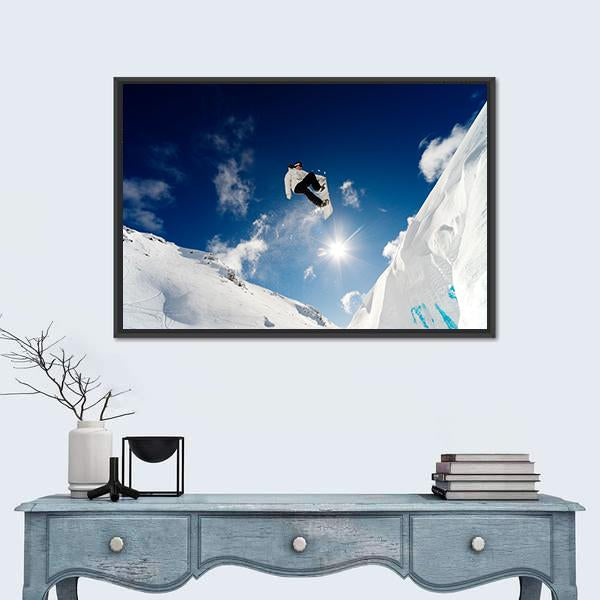 Snowboarder Jumping Through The Air With Blue Sky Canvas Wall Art-5 Horizontal-Gallery Wrap-22" x 12"-Tiaracle
