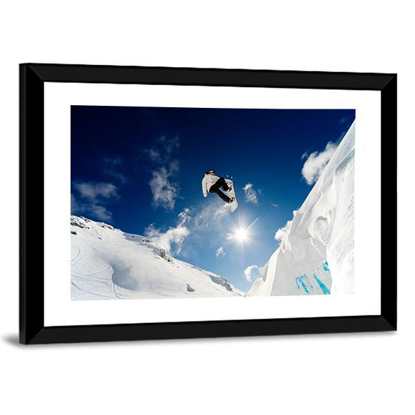 Snowboarder Jumping Through The Air With Blue Sky Canvas Wall Art-5 Horizontal-Gallery Wrap-22" x 12"-Tiaracle