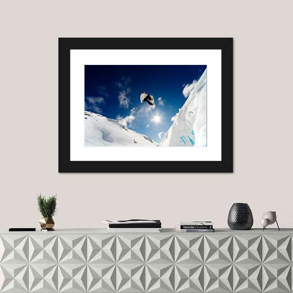Snowboarder Jumping Through The Air With Blue Sky Canvas Wall Art-5 Horizontal-Gallery Wrap-22" x 12"-Tiaracle