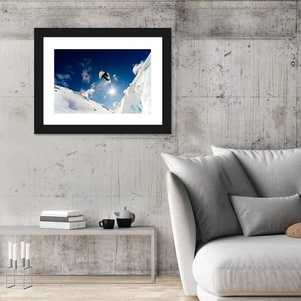 Snowboarder Jumping Through The Air With Blue Sky Canvas Wall Art-5 Horizontal-Gallery Wrap-22" x 12"-Tiaracle