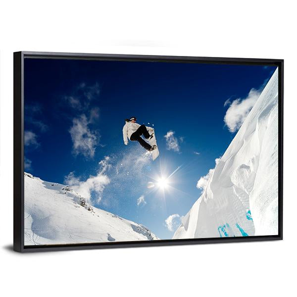Snowboarder Jumping Through The Air With Blue Sky Canvas Wall Art-5 Horizontal-Gallery Wrap-22" x 12"-Tiaracle