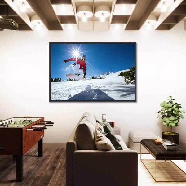 Snowboarder Taking A Jump In Fresh Snow Canvas Wall Art-1 Piece-Floating Frame-24&quot; x 16&quot;-Tiaracle