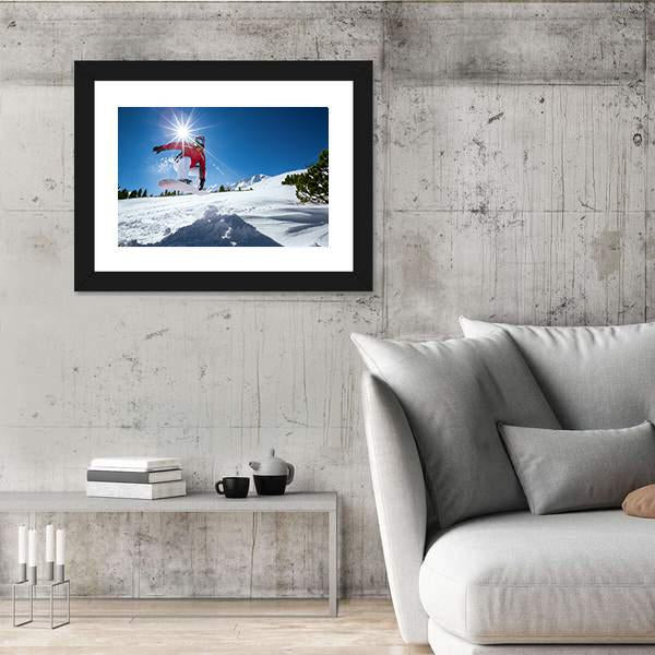 Snowboarder Taking A Jump In Fresh Snow Canvas Wall Art-1 Piece-Framed Print-20&quot; x 16&quot;-Tiaracle