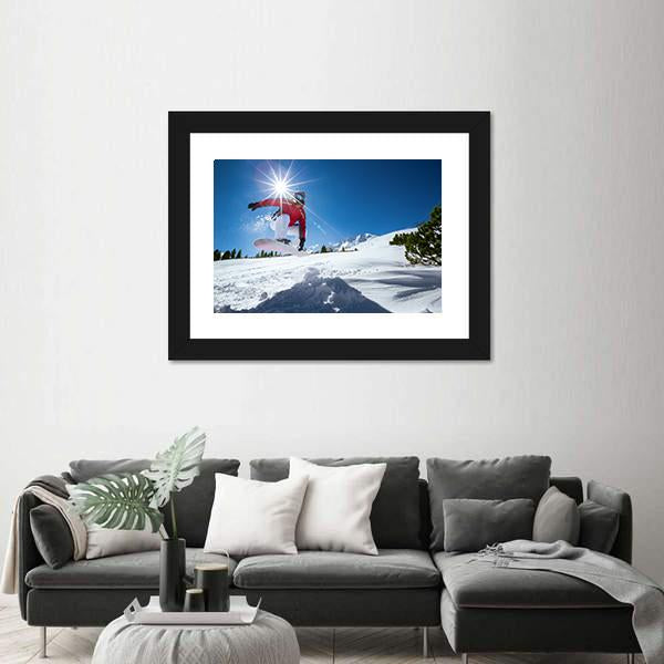 Snowboarder Taking A Jump In Fresh Snow Canvas Wall Art-5 Horizontal-Gallery Wrap-22&quot; x 12&quot;-Tiaracle