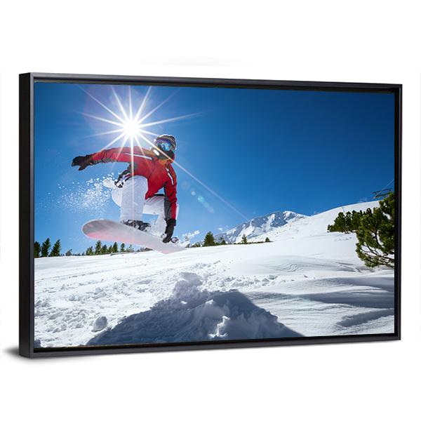 Snowboarder Taking A Jump In Fresh Snow Canvas Wall Art-5 Horizontal-Gallery Wrap-22" x 12"-Tiaracle