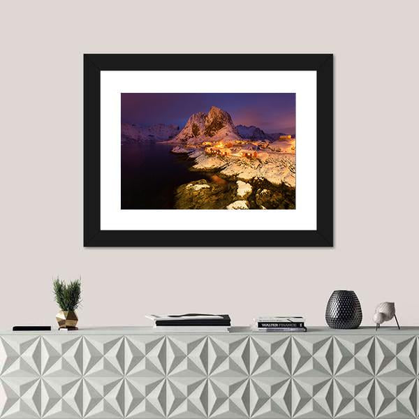 Snowy Hamnoy Village In The Lofoten Islands At Night Canvas Wall Art-1 Piece-Framed Print-42" x 14"-Tiaracle
