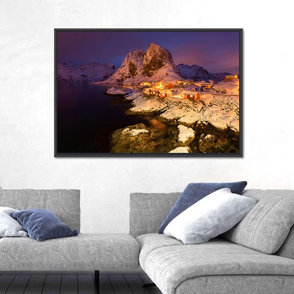Snowy Hamnoy Village In The Lofoten Islands At Night Canvas Wall Art-5 Horizontal-Gallery Wrap-22" x 12"-Tiaracle