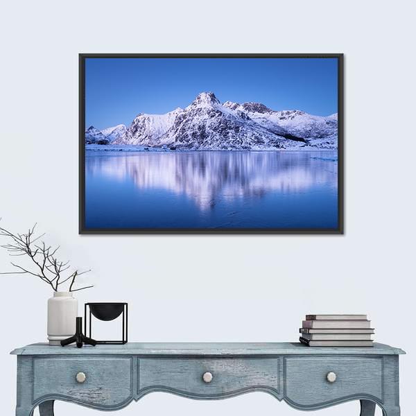 Snowy Mountain Reflection In Lake Canvas Wall Art-1 Piece-Floating Frame-24" x 16"-Tiaracle