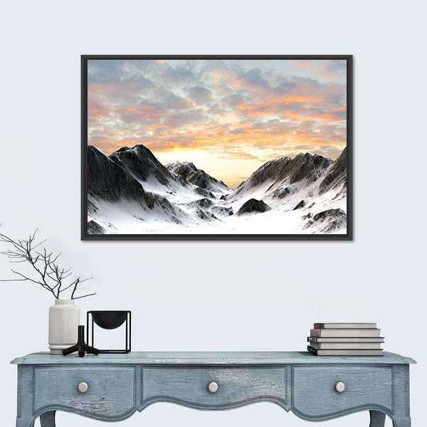 Snowy Mountain Peaks at Sunset Canvas Wall Art in white, gray and orange, framed canvas, product view on a white background