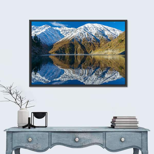 Snowy Peaks In A Mountain Lake Canvas Wall Art-1 Piece-Floating Frame-24" x 16"-Tiaracle