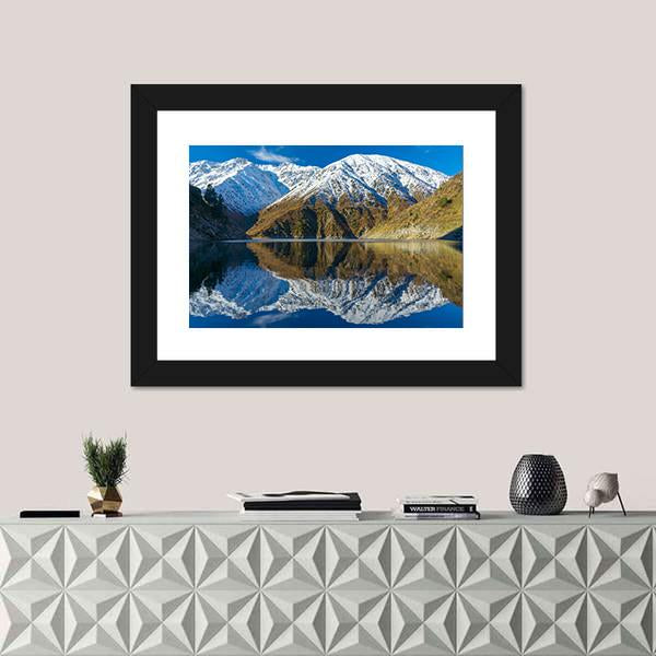 Snowy Peaks In A Mountain Lake Canvas Wall Art-1 Piece-Framed Print-20" x 16"-Tiaracle