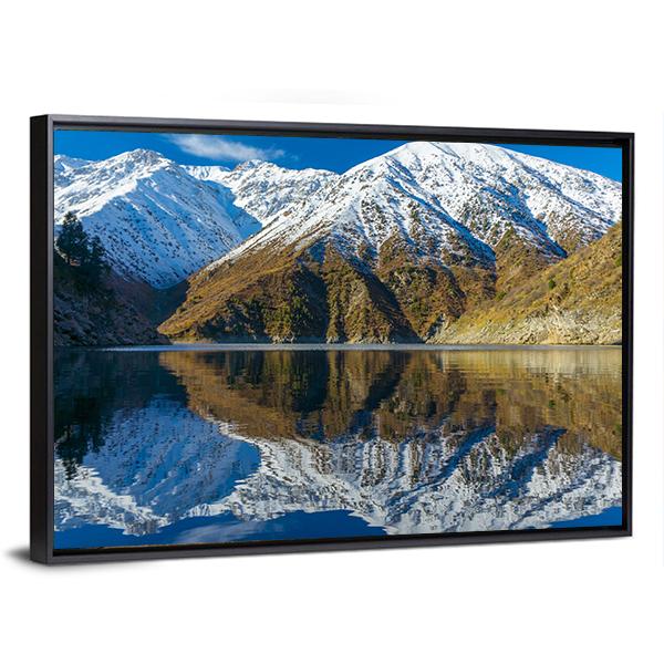 Snowy Peaks In A Mountain Lake Canvas Wall Art-3 Horizontal-Gallery Wrap-25" x 16"-Tiaracle