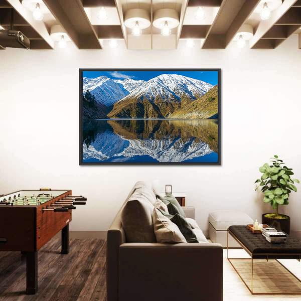 Snowy Peaks In A Mountain Lake Canvas Wall Art-3 Horizontal-Gallery Wrap-25" x 16"-Tiaracle