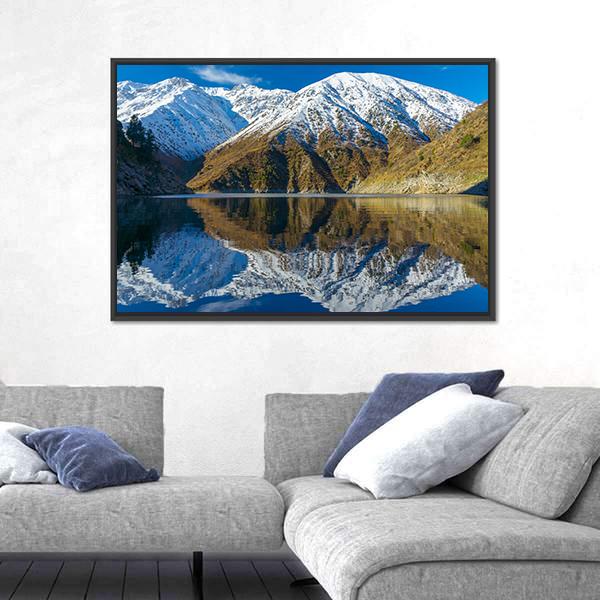 Snowy Peaks In A Mountain Lake Canvas Wall Art-3 Horizontal-Gallery Wrap-25" x 16"-Tiaracle