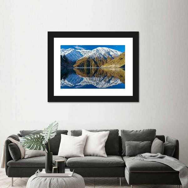 Snowy Peaks In A Mountain Lake Canvas Wall Art-3 Horizontal-Gallery Wrap-25" x 16"-Tiaracle