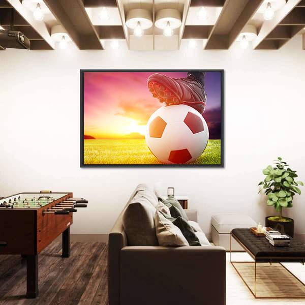 Soccer Ball At The Kickoff Of A Game With Sunset Canvas Wall Art-5 Horizontal-Gallery Wrap-22&quot; x 12&quot;-Tiaracle