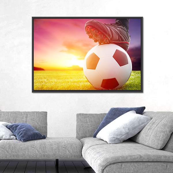 Soccer Ball At The Kickoff Of A Game With Sunset Canvas Wall Art-5 Horizontal-Gallery Wrap-22&quot; x 12&quot;-Tiaracle