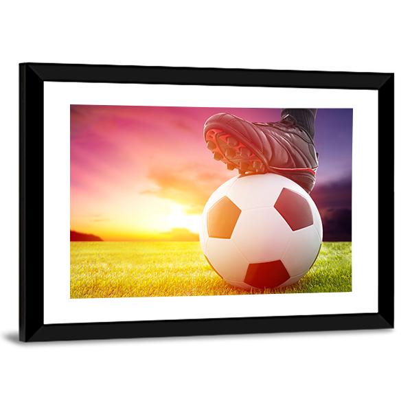 Soccer Ball At The Kickoff Of A Game With Sunset Canvas Wall Art-5 Horizontal-Gallery Wrap-22&quot; x 12&quot;-Tiaracle