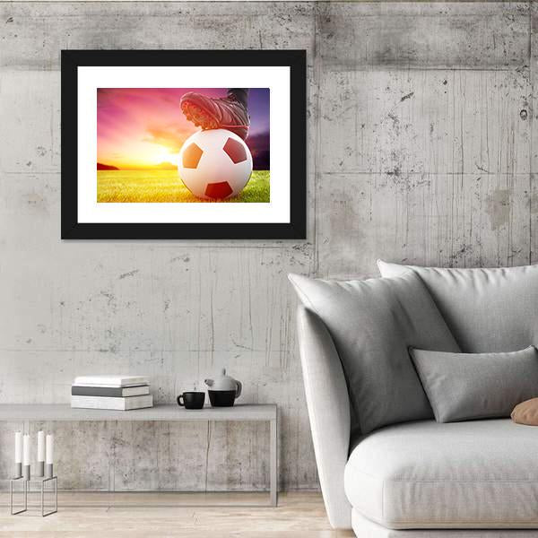 Soccer Ball At The Kickoff Of A Game With Sunset Canvas Wall Art-5 Horizontal-Gallery Wrap-22&quot; x 12&quot;-Tiaracle