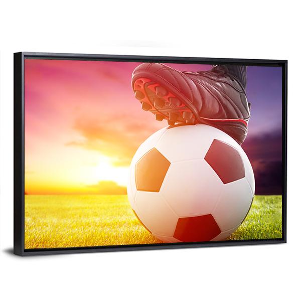 Soccer Ball At The Kickoff Of A Game With Sunset Canvas Wall Art-5 Horizontal-Gallery Wrap-22&quot; x 12&quot;-Tiaracle