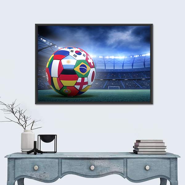 Soccer Ball with International Flags Canvas Wall Art in green, blue and multicolor, framed canvas, product view on a white background