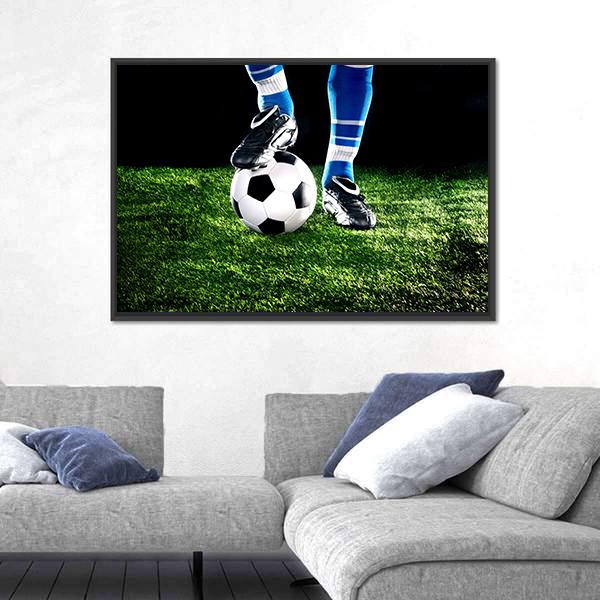 Soccer Ball With Player Feet On The Football Field Canvas Wall Art-5 Horizontal-Gallery Wrap-22&quot; x 12&quot;-Tiaracle