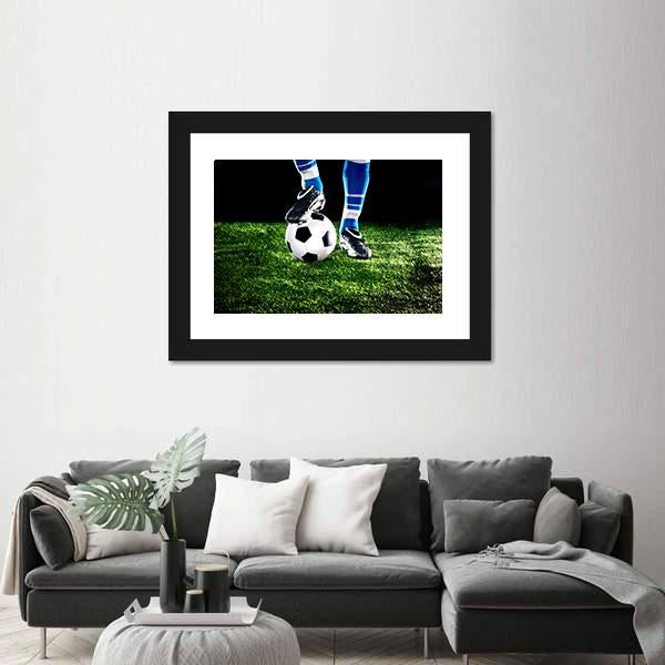 Soccer Ball With Player Feet On The Football Field Canvas Wall Art-5 Horizontal-Gallery Wrap-22" x 12"-Tiaracle