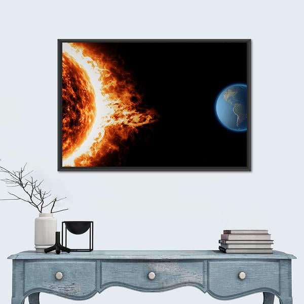 Solar Storm and Earth Canvas Wall Art in black, red and orange, framed canvas, product view on a white background