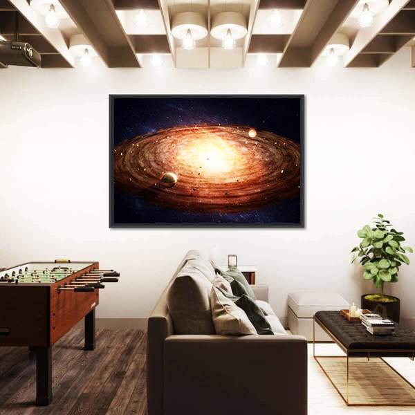 Solar System Protoplanetary Disk Canvas Wall Art in black, orange and yellow, framed canvas, product view on a white background