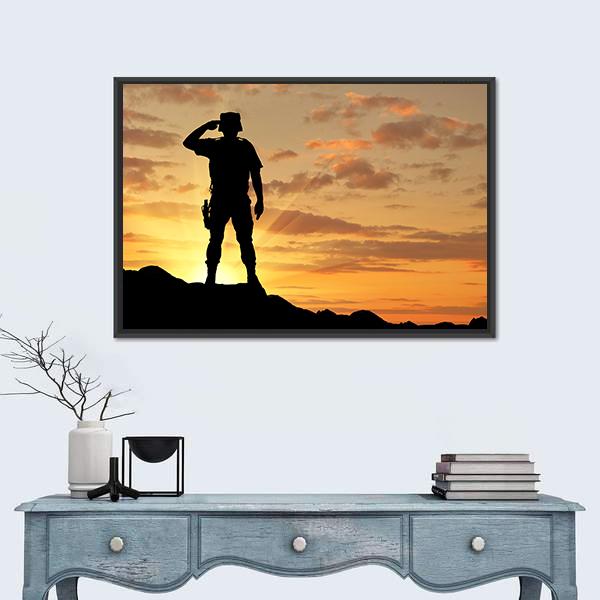 Soldier Salutes At The Sunset Canvas Wall Art-1 Piece-Floating Frame-36" x 24"-Tiaracle