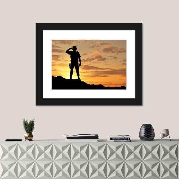 Soldier Salutes At The Sunset Canvas Wall Art-1 Piece-Framed Print-30" x 20"-Tiaracle