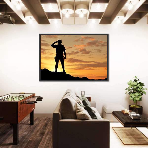 Soldier Salutes At The Sunset Canvas Wall Art-5 Horizontal-Gallery Wrap-22" x 12"-Tiaracle