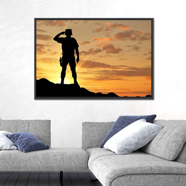 Soldier Salutes At The Sunset Canvas Wall Art-5 Horizontal-Gallery Wrap-22" x 12"-Tiaracle