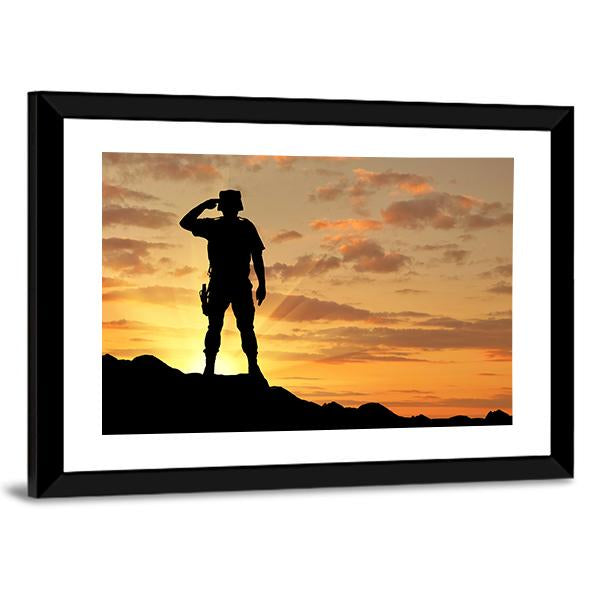 Soldier Salutes At The Sunset Canvas Wall Art-5 Horizontal-Gallery Wrap-22" x 12"-Tiaracle
