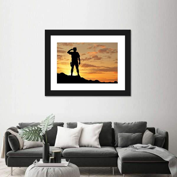 Soldier Salutes At The Sunset Canvas Wall Art-5 Horizontal-Gallery Wrap-22" x 12"-Tiaracle