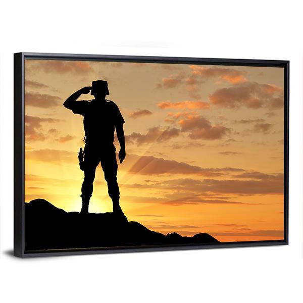 Soldier Salutes At The Sunset Canvas Wall Art-5 Horizontal-Gallery Wrap-22" x 12"-Tiaracle