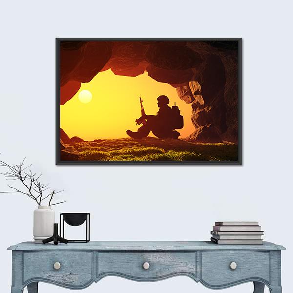 Soldier Silhouette In A Cave Canvas Wall Art-1 Piece-Floating Frame-24" x 16"-Tiaracle
