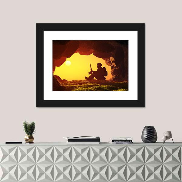 Soldier Silhouette In A Cave Canvas Wall Art-1 Piece-Framed Print-20" x 16"-Tiaracle