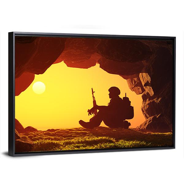Soldier Silhouette In A Cave Canvas Wall Art-3 Horizontal-Gallery Wrap-25" x 16"-Tiaracle