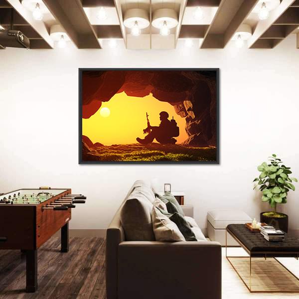 Soldier Silhouette In A Cave Canvas Wall Art-3 Horizontal-Gallery Wrap-25" x 16"-Tiaracle